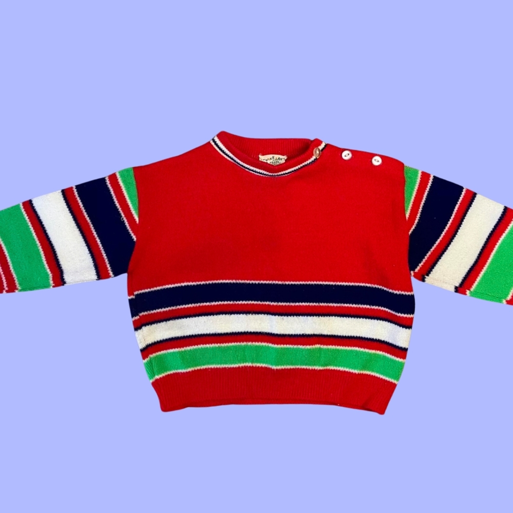 VINTAGE 60S TODDLER BOY RED STRIPED SWEATER BY CONFETTI SIZE 3T